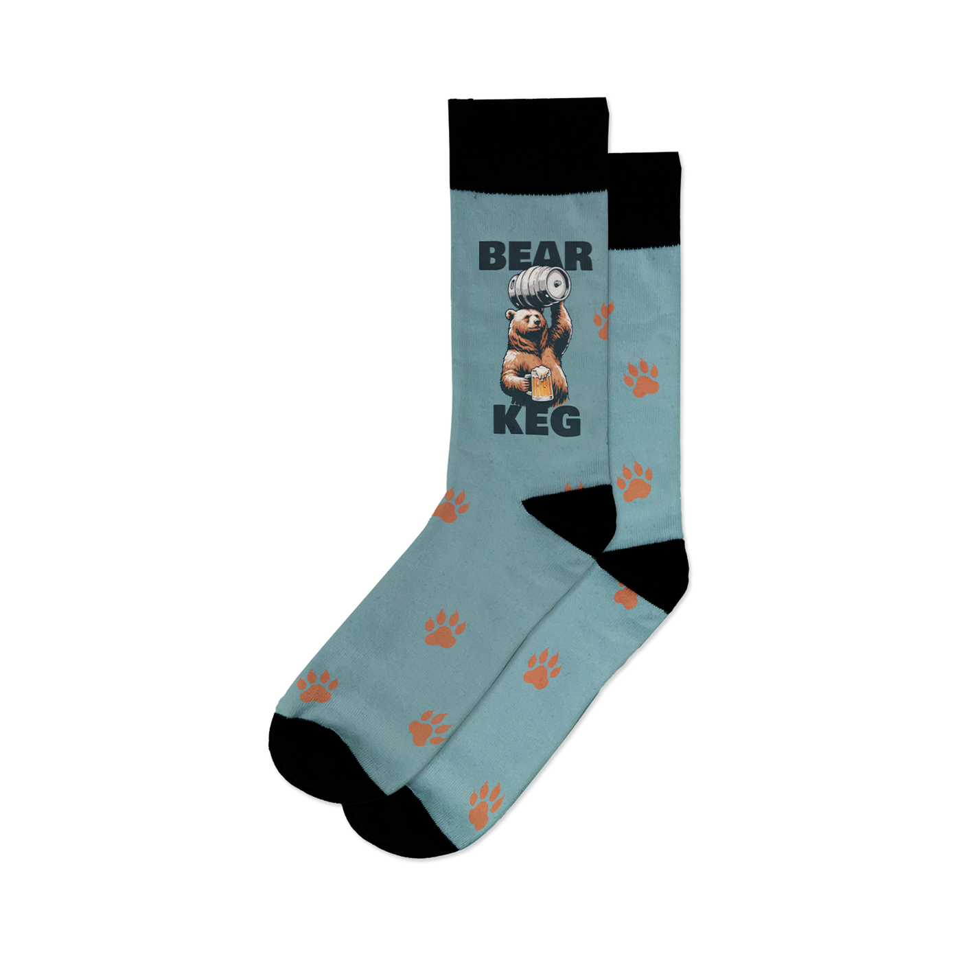 Close-up of the Bear Keg socks showing the bear, keg, and paw print details.