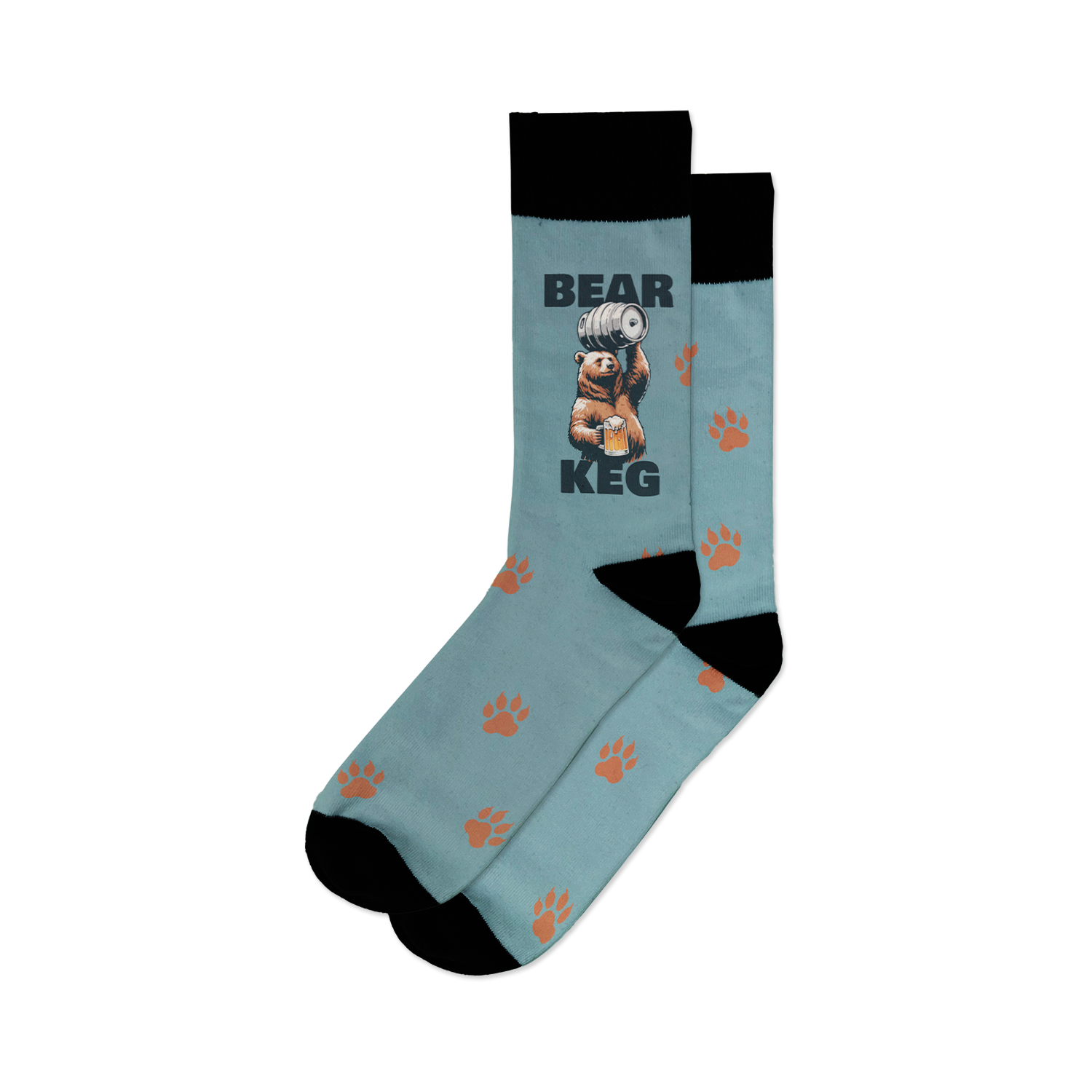 Close-up of the Bear Keg socks showing the bear, keg, and paw print details.
