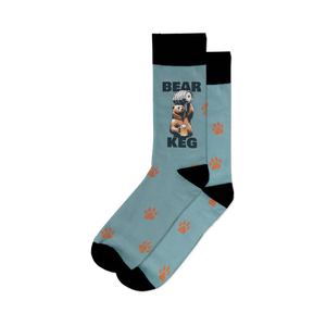 A pair of blue socks with a brown bear graphic on the leg. The bear is holding a keg of beer and the word 