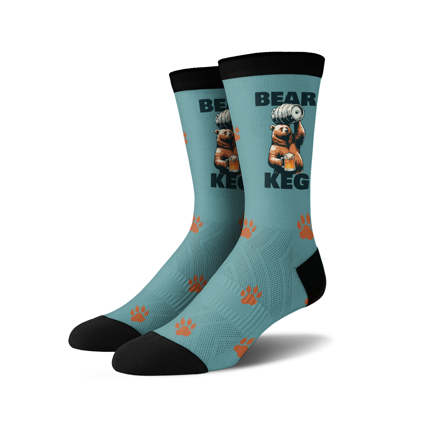 A pair of crew socks; teal blue with a brown bear lifting a keg of beer, orange paw prints, and black cuffs.