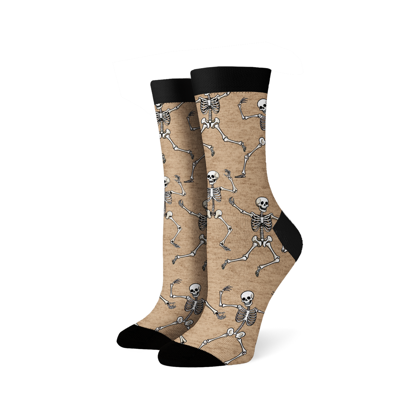 Pair of crew socks; beige and black options; dancing skeleton pattern.