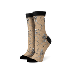 Pair of crew socks; beige and black options; dancing skeleton pattern.