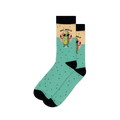 A pair of teal crew socks with a cool pickle wearing sunglasses. The socks have black polka dots and the phrase 'Just Dill With It'.
