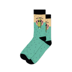 A pair of teal crew socks with a cool pickle wearing sunglasses. The socks have black polka dots and the phrase 'Just Dill With It'.