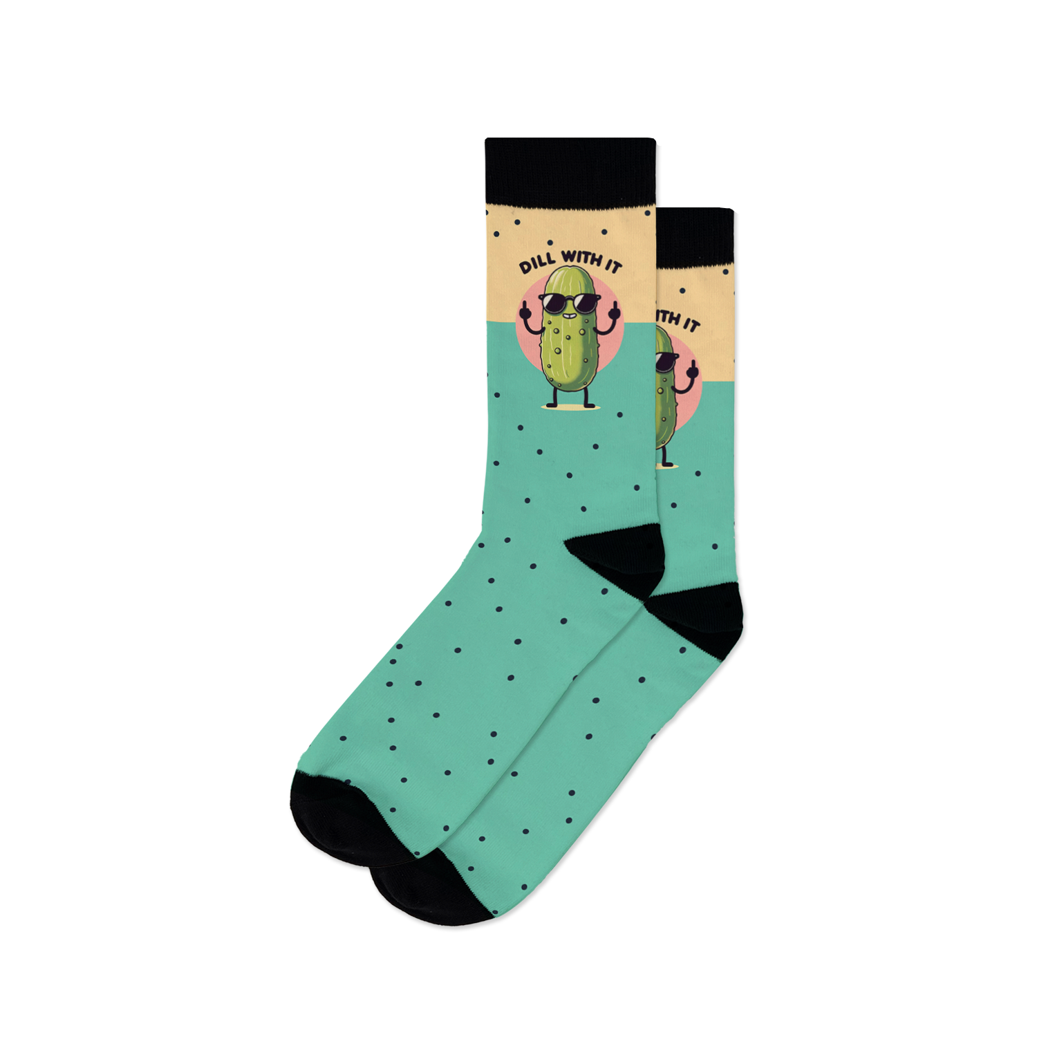 A pair of teal crew socks with a cool pickle wearing sunglasses. The socks have black polka dots and the phrase 'Just Dill With It'.
