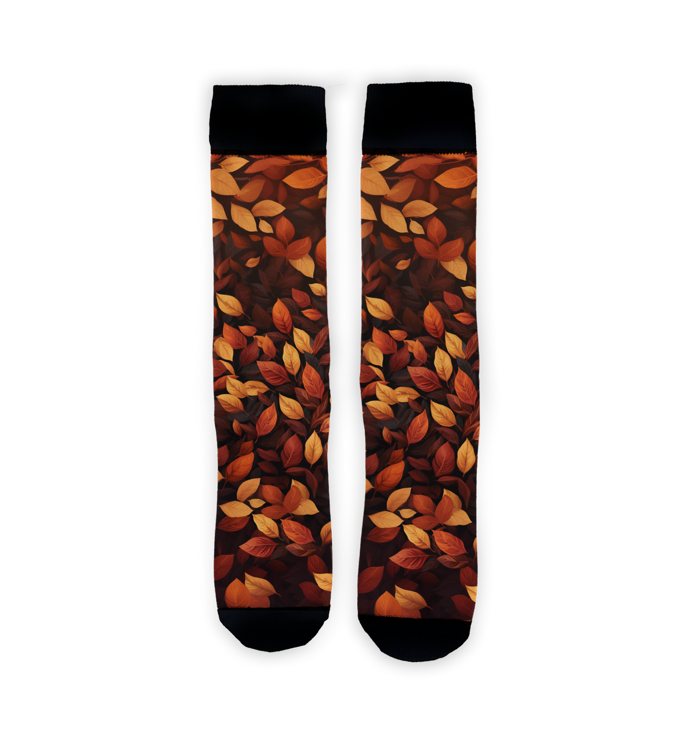 Flatlay showcasing a pair of 'Autumn Leaves' socks, highlighting the fall-themed design.