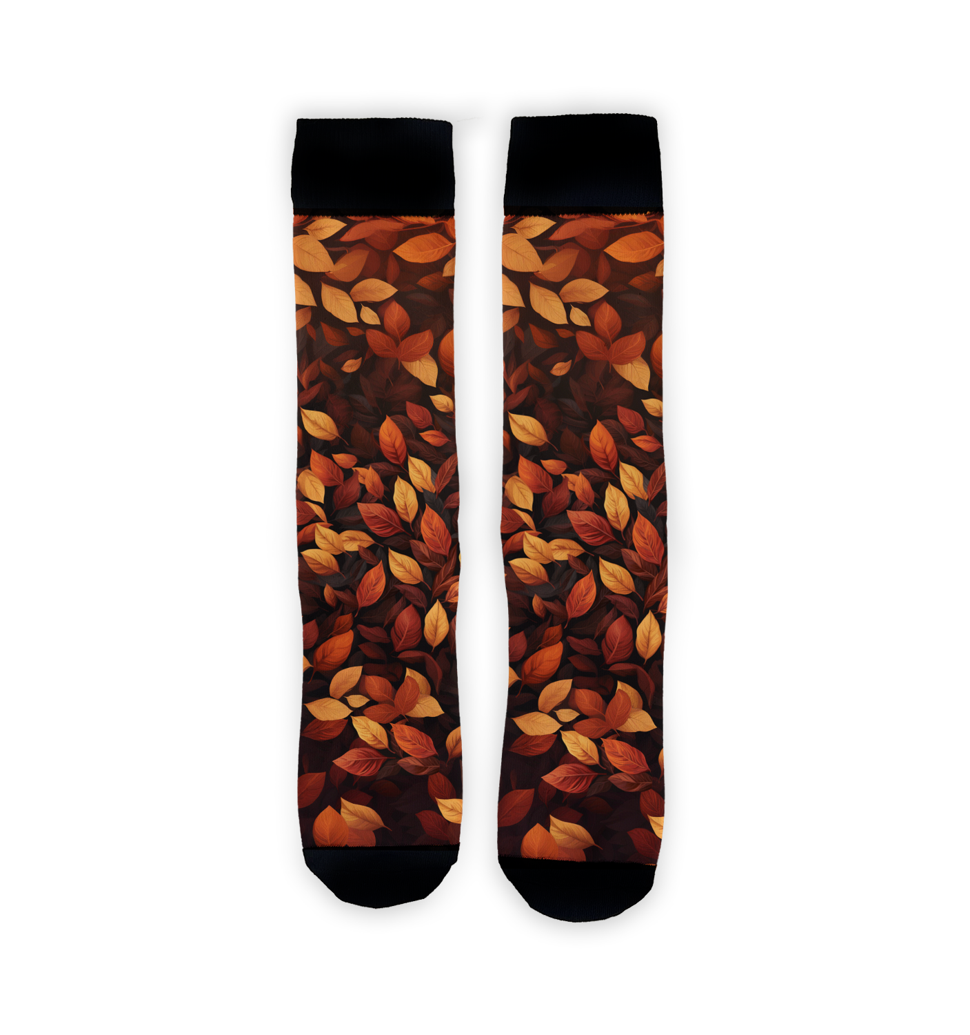 Flatlay showcasing a pair of 'Autumn Leaves' socks, highlighting the fall-themed design.