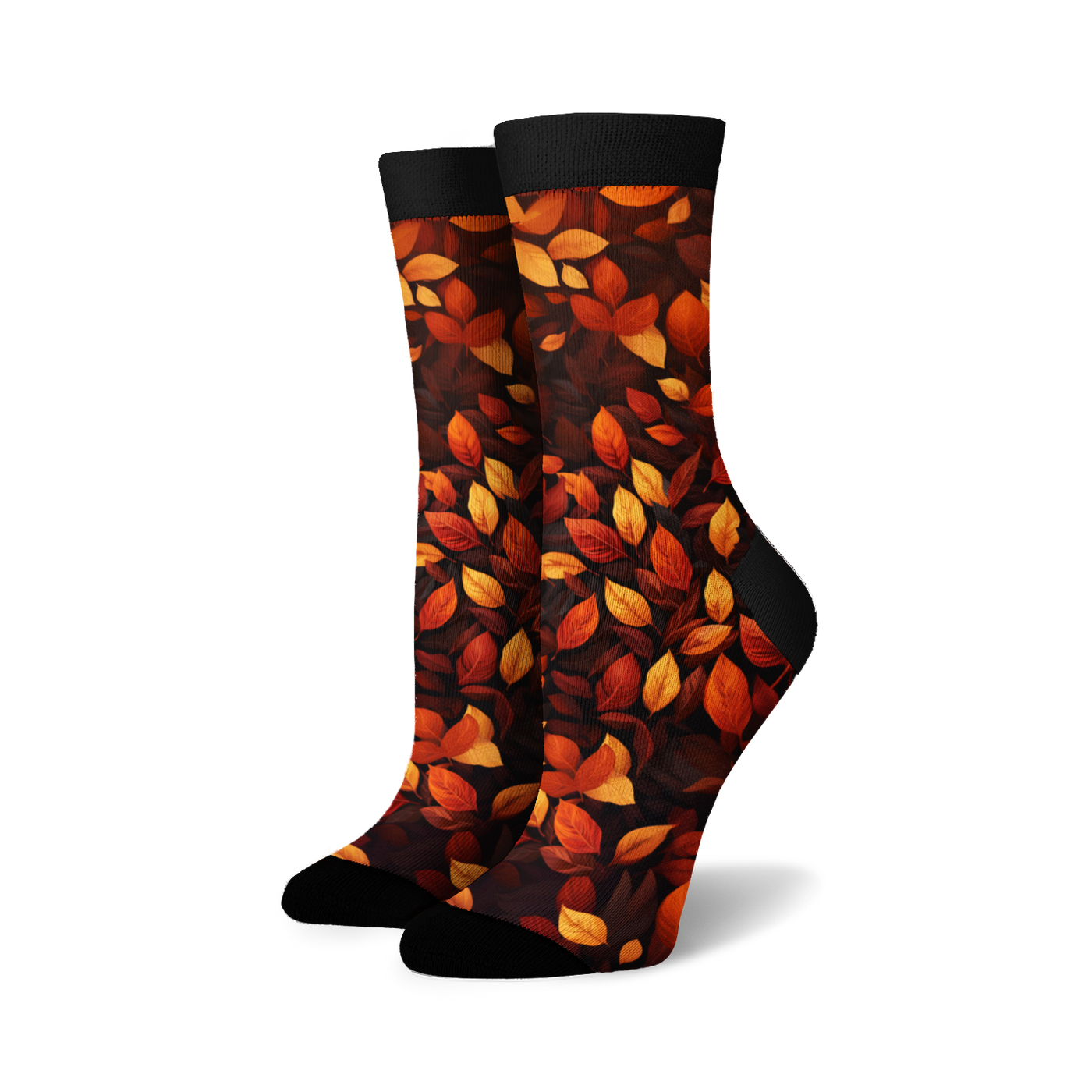 Lifestyle shot of 'Autumn Leaves' socks on a model's feet, showing the socks in a casual setting.