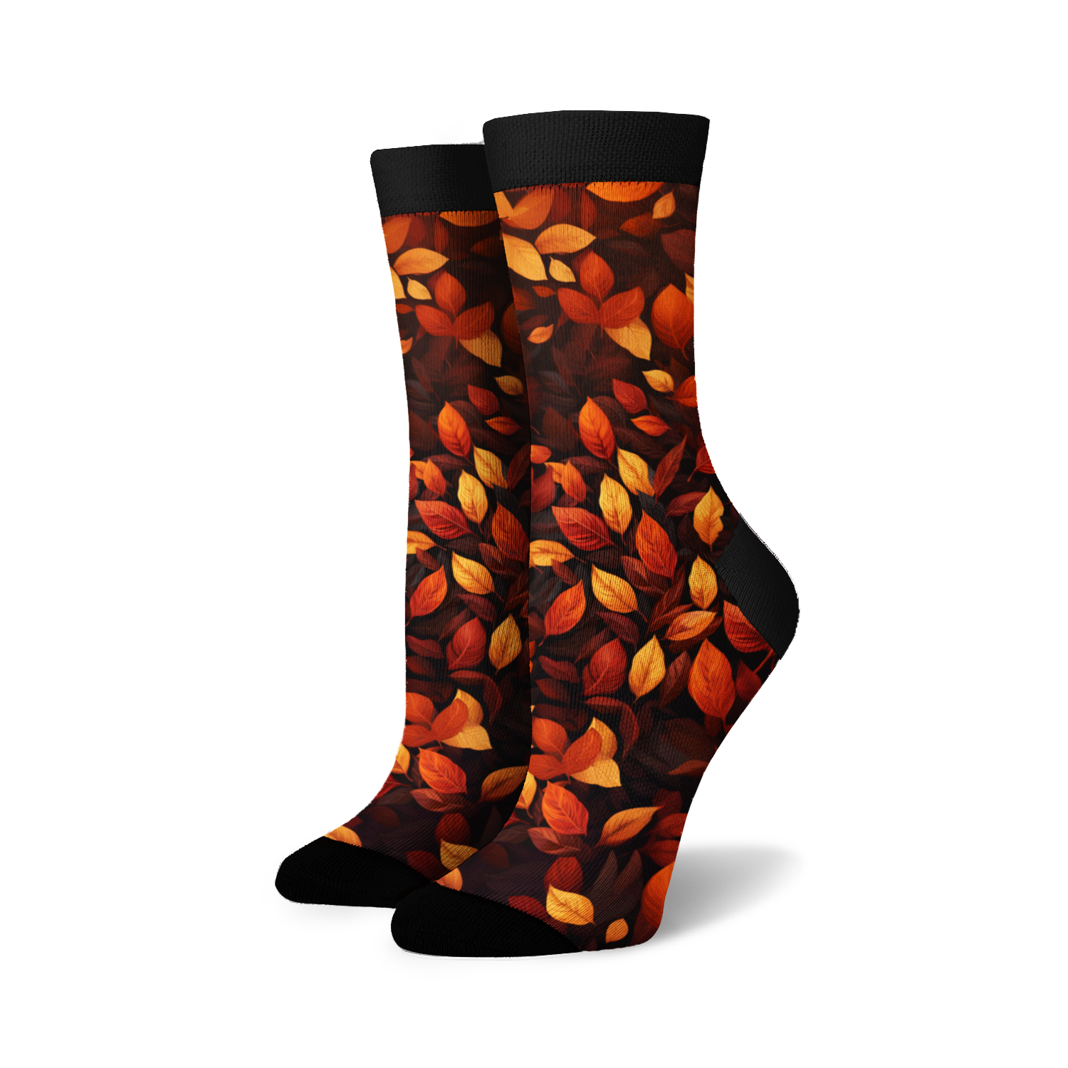 Lifestyle shot of 'Autumn Leaves' socks on a model's feet, showing the socks in a casual setting.