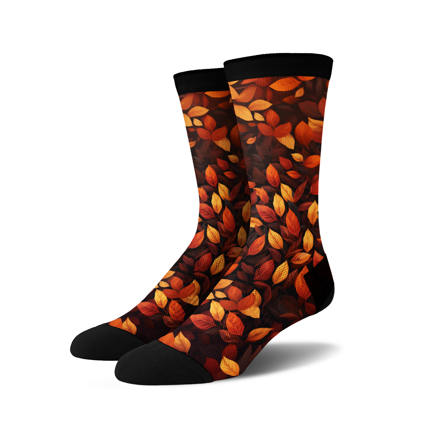Pair of crew socks with an autumn leaves print.  The socks are predominantly dark brown with orange and red leaves.