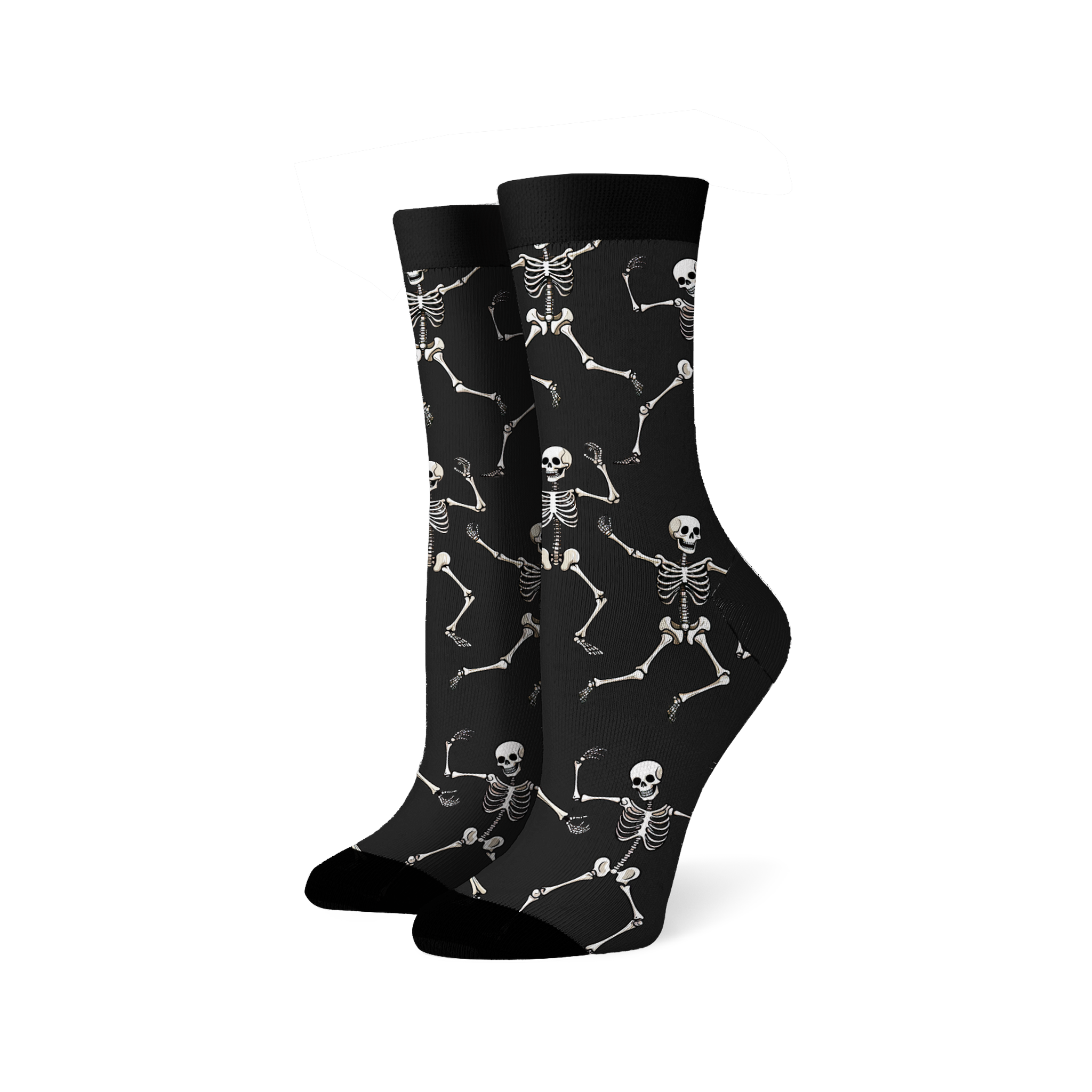 Lifestyle shot: Beige 'Dead Man's Party' socks on a woman's legs.