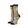 Pair of crew socks with a gray background and a repeating pattern of illustrated vintage pickle jars in various colors. 