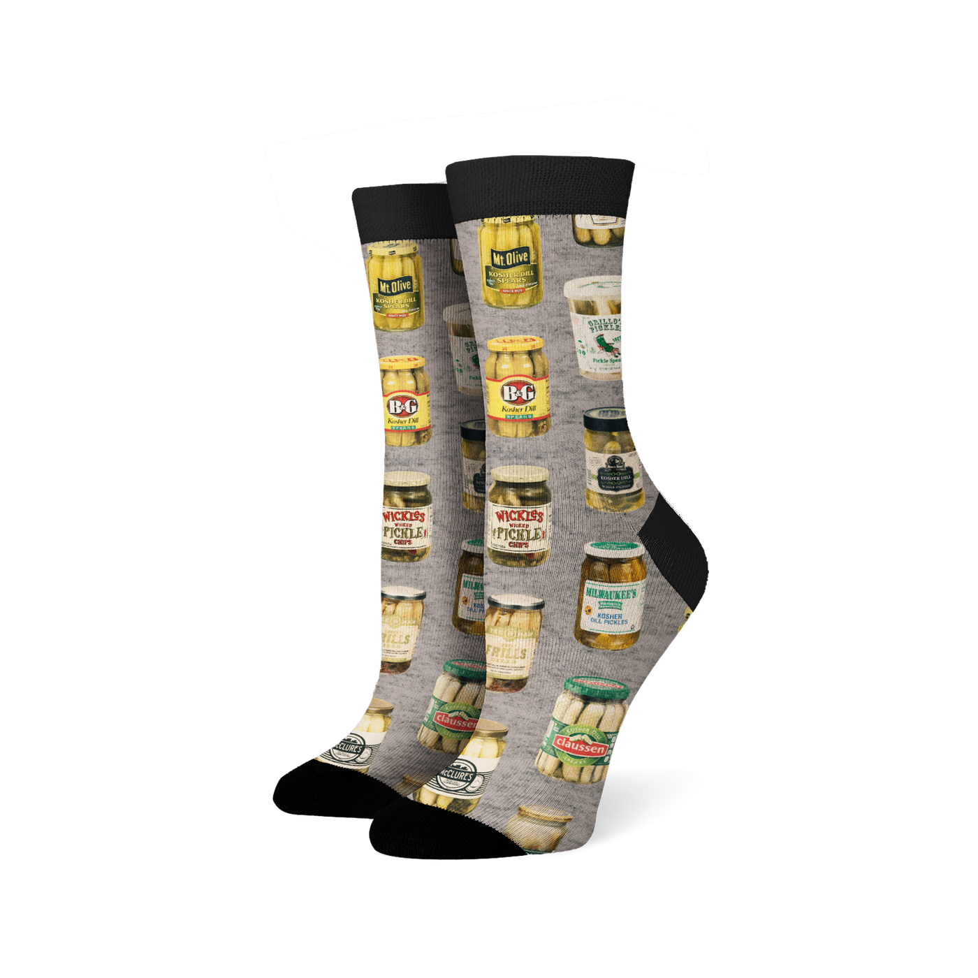 Pair of crew socks with a gray background and a repeating pattern of illustrated vintage pickle jars in various colors. 