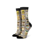 Pair of crew socks with a gray background and a repeating pattern of illustrated vintage pickle jars in various colors. 