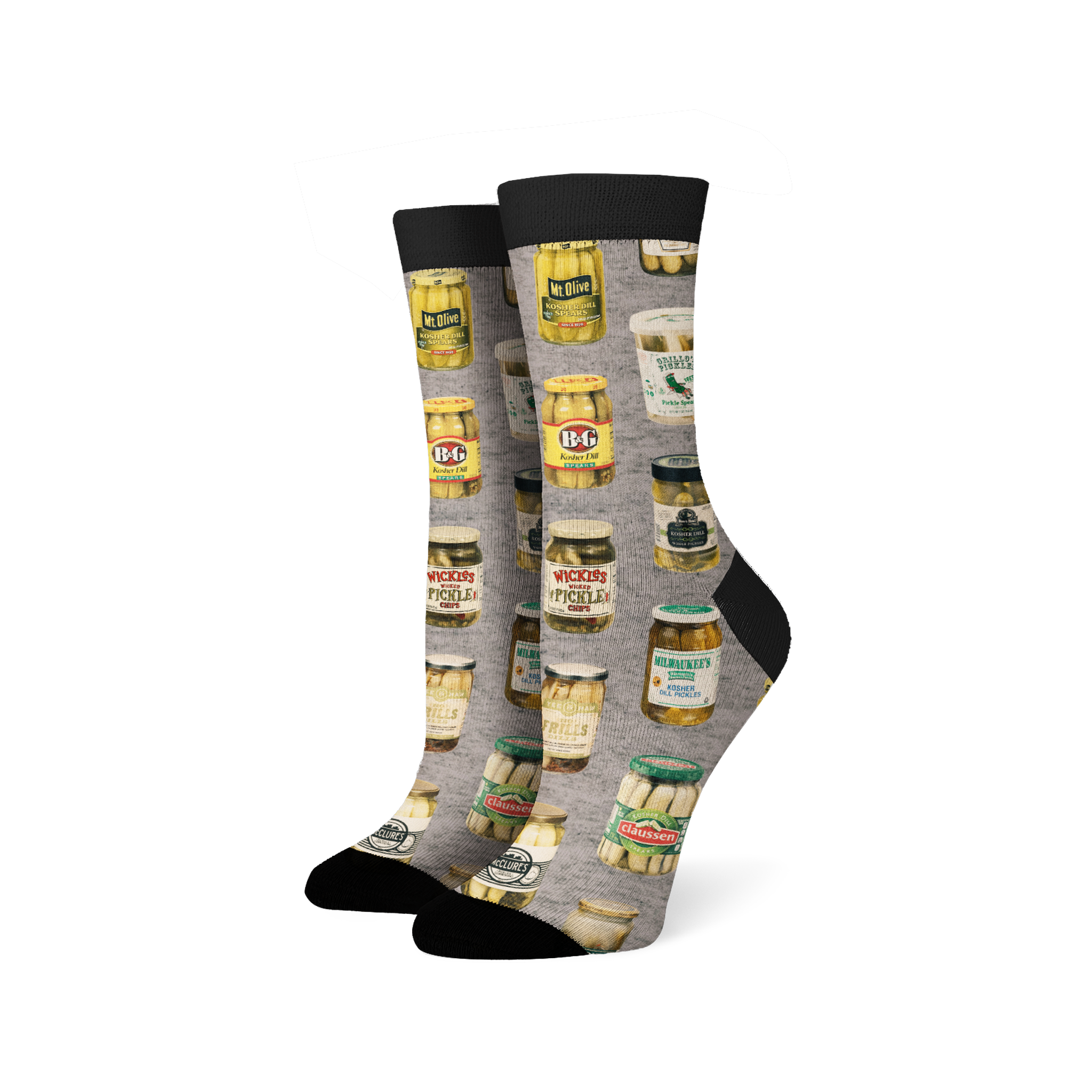 Pair of crew socks with a gray background and a repeating pattern of illustrated vintage pickle jars in various colors. 