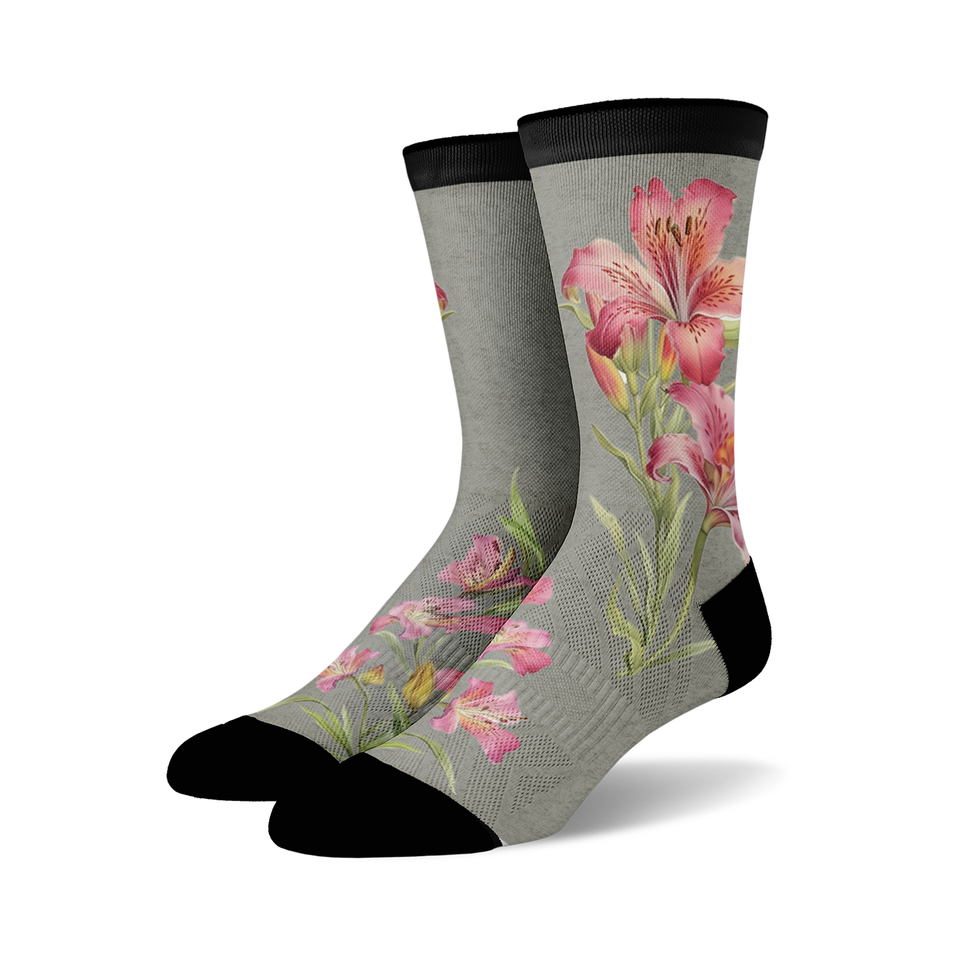 Pair of crew socks in grey with a pink and white Alstroemeria lily design. The socks have a black cuff.