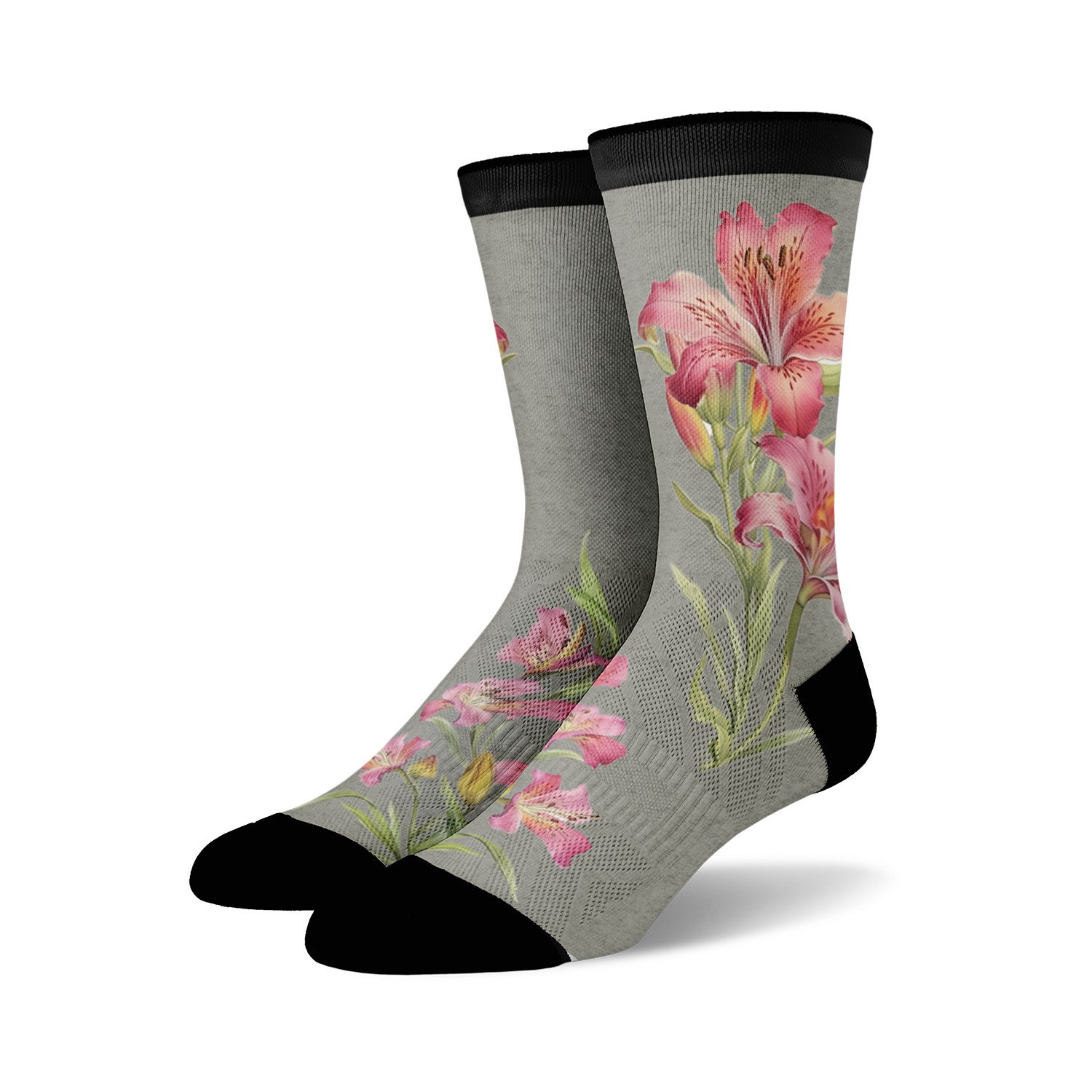 Pair of crew socks in grey with a pink and white Alstroemeria lily design. The socks have a black cuff.
