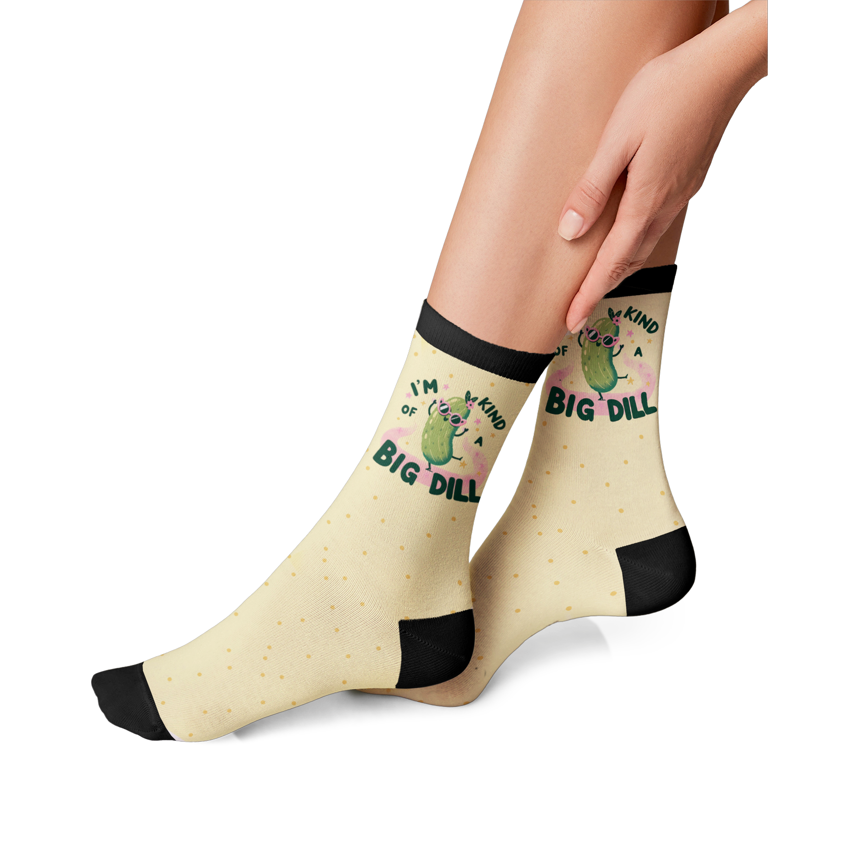 Another lifestyle shot of a person wearing the 'I'm Kind of a Big Dill' socks, emphasizing the fit and design.