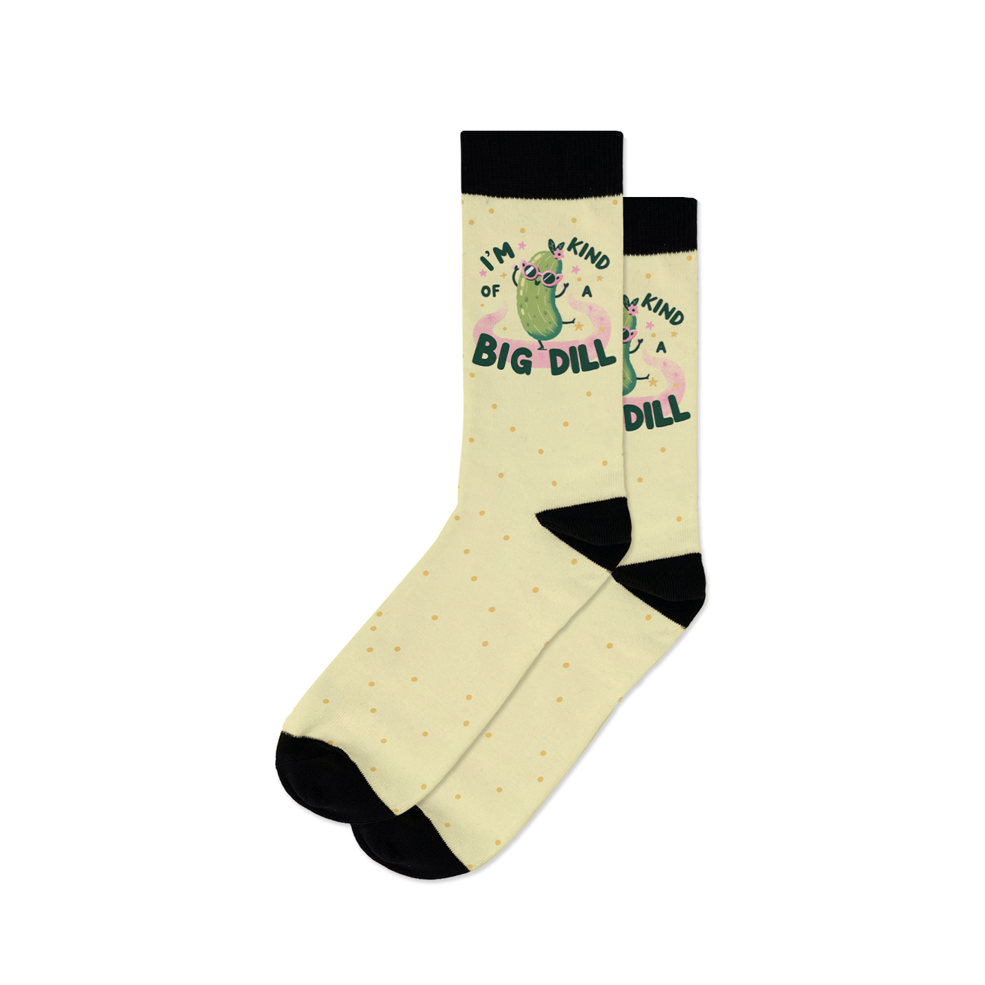 Pair of pastel yellow crew socks with a cool pickle graphic and the text 'I'm kind of a big dill'.  Small yellow dots are scattered across the sock.