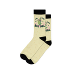 Pair of pastel yellow crew socks with a cool pickle graphic and the text 'I'm kind of a big dill'.  Small yellow dots are scattered across the sock.