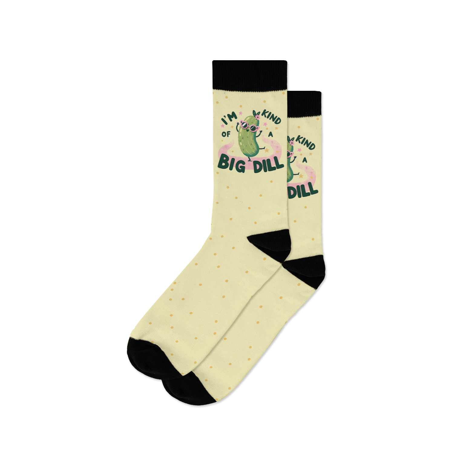 Pair of pastel yellow crew socks with a cool pickle graphic and the text 'I'm kind of a big dill'.  Small yellow dots are scattered across the sock.