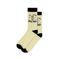 A pair of crew socks in pale yellow with tiny yellow dots.  The design features a cartoon pickle wearing sunglasses with the text, 'I'm kind of a big dill'.