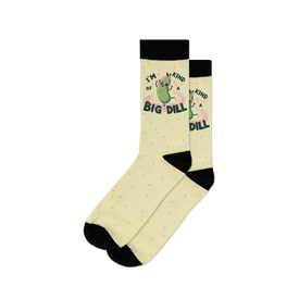 womens crew socks in yellow with black polka dots feature big green pickle with sunglasses 'i'm kind of a big dill' graphic.   