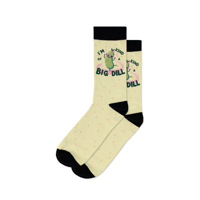 womens crew socks in yellow with black polka dots feature big green pickle with sunglasses 'i'm kind of a big dill' graphic.   