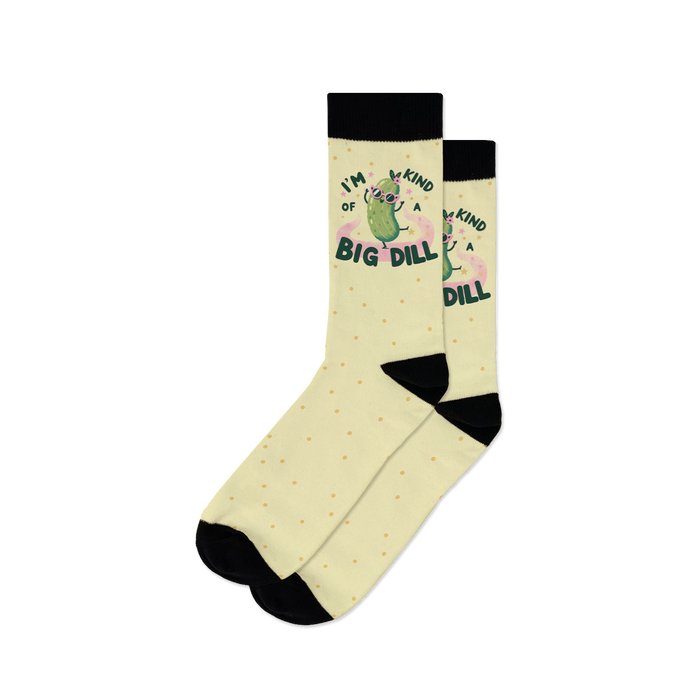 womens crew socks in yellow with black polka dots feature big green pickle with sunglasses 'i'm kind of a big dill' graphic.    }}
