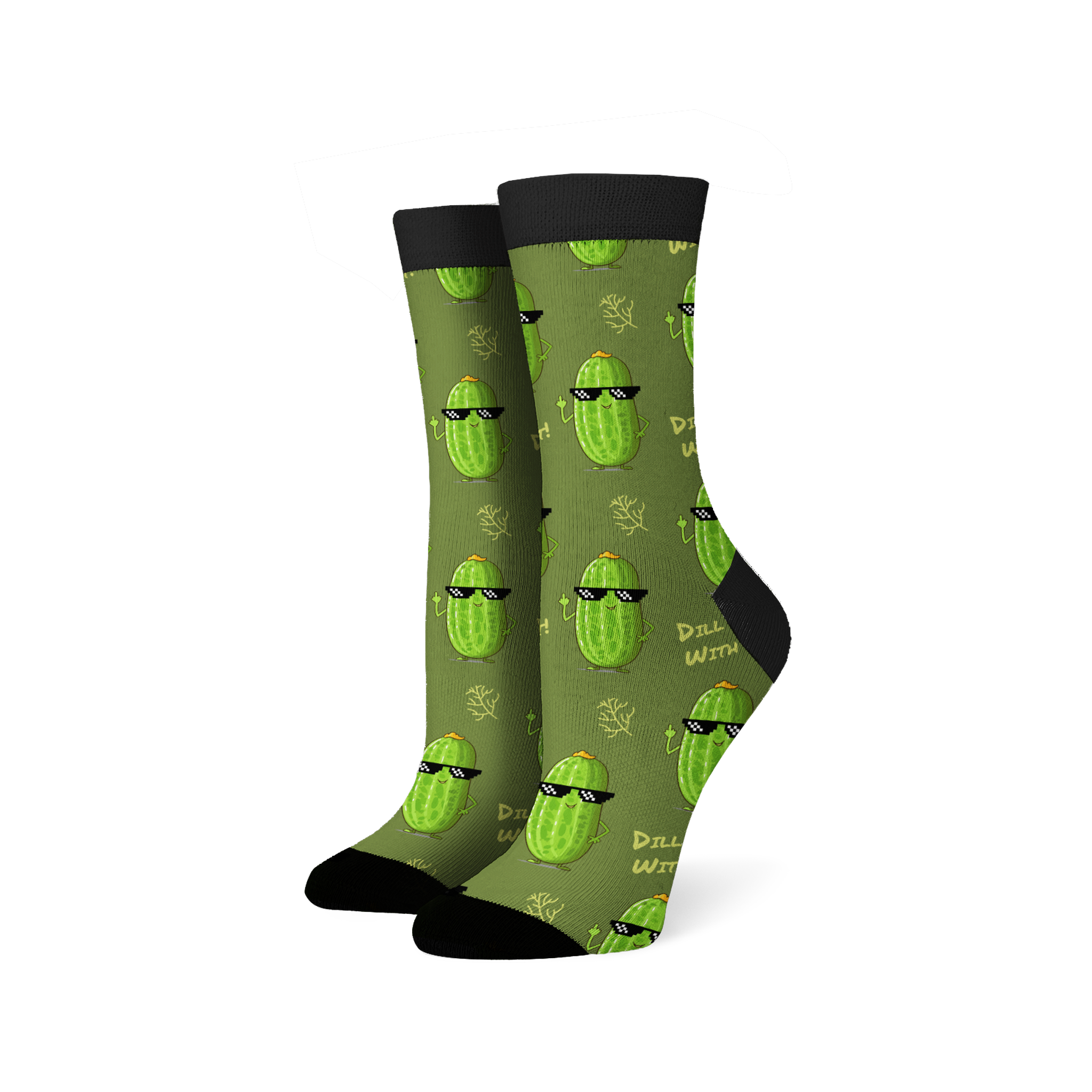 Lifestyle shot of Dill With It socks on a model's feet, showing the socks from an angle.