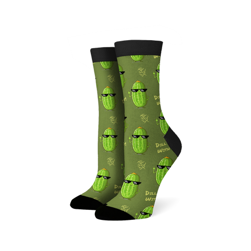 Lifestyle shot of Dill With It socks on a model's feet, showing the socks from an angle.