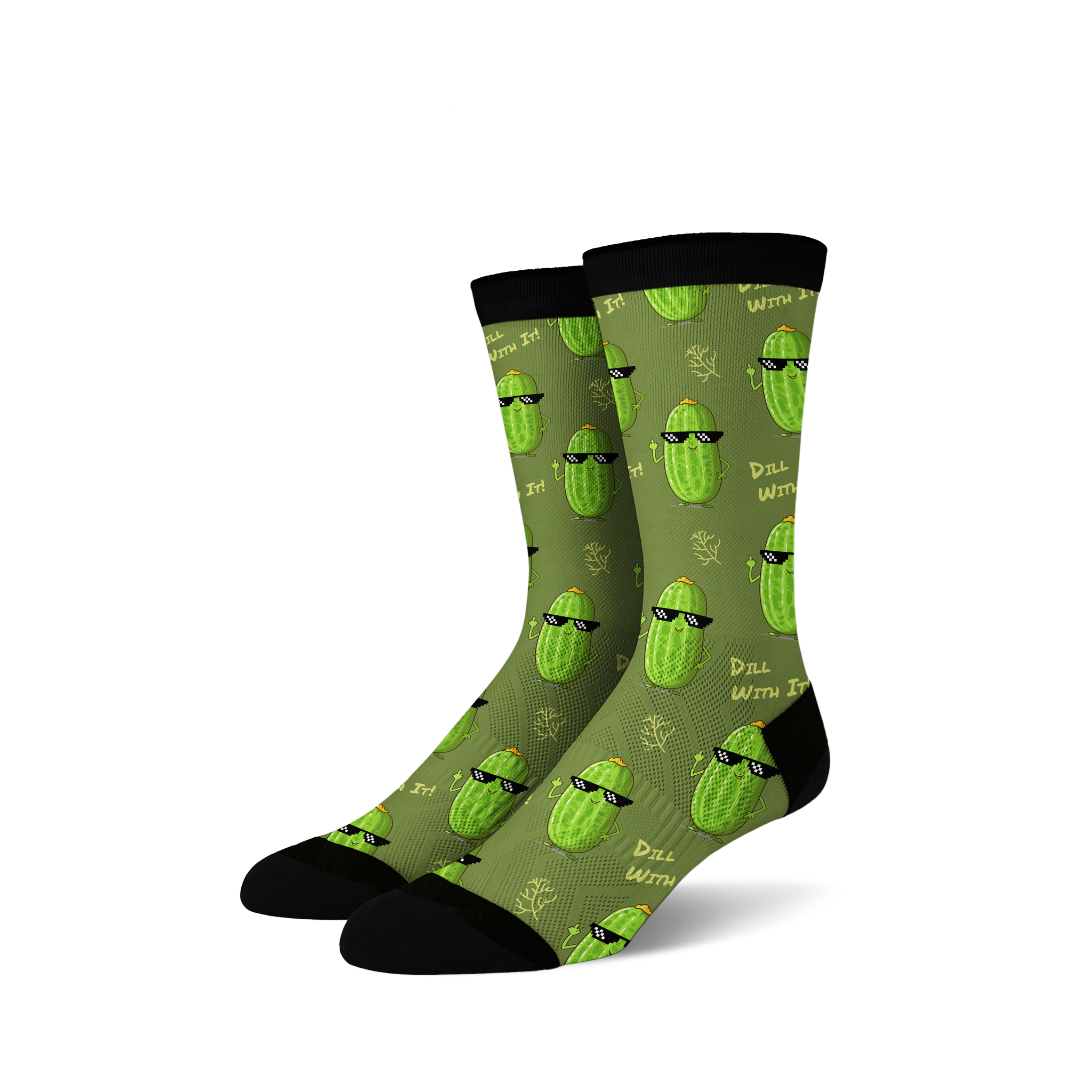 Pair of crew socks in olive green with repeating pattern of cartoon pickles wearing sunglasses and making a hand gesture. 