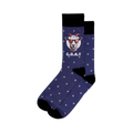Pair of navy blue crew socks featuring a white star pattern and a graphic of a goat wearing sunglasses. Text reads 'G.O.A.T.'