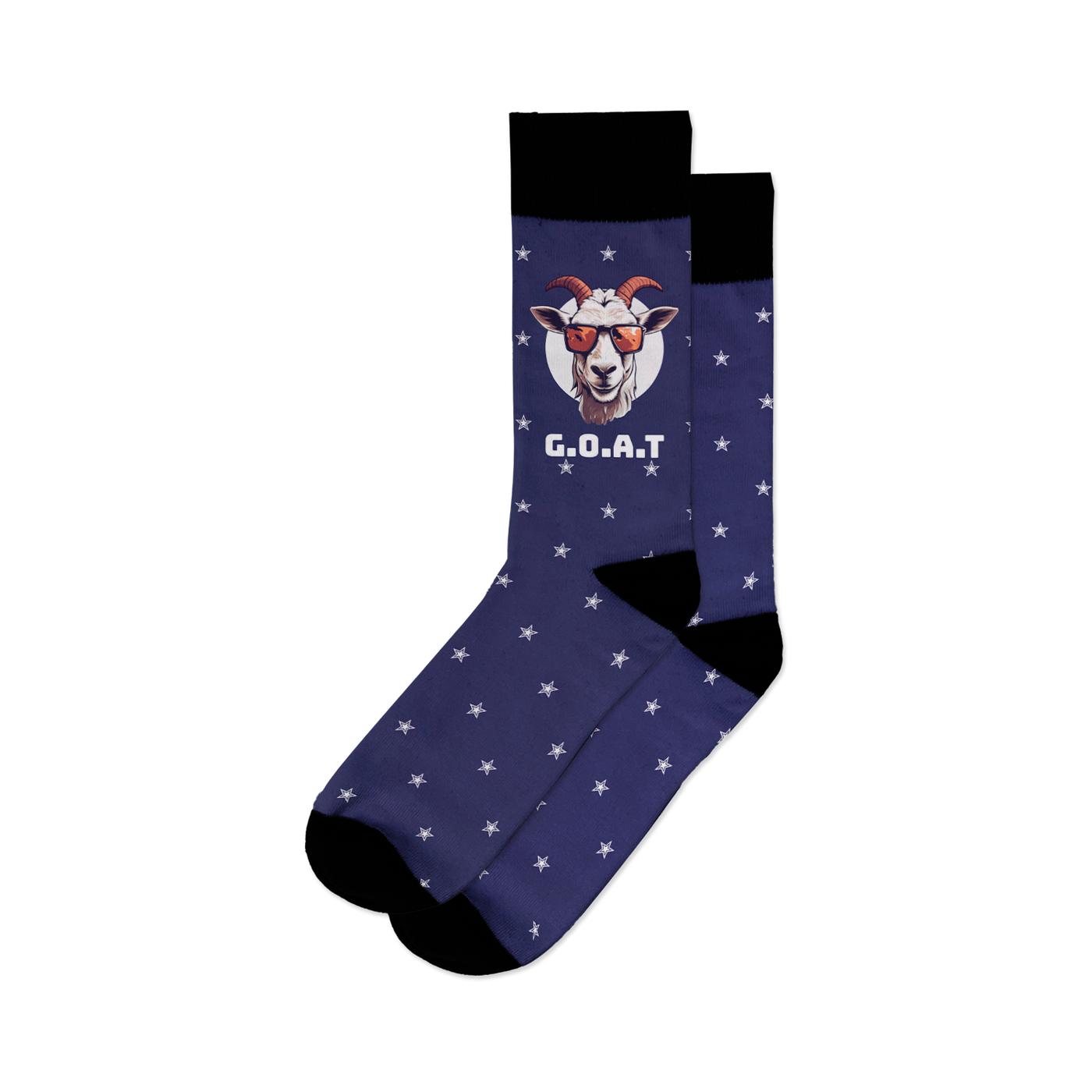 Pair of navy blue crew socks featuring a white star pattern and a graphic of a goat wearing sunglasses. Text reads 'G.O.A.T.'