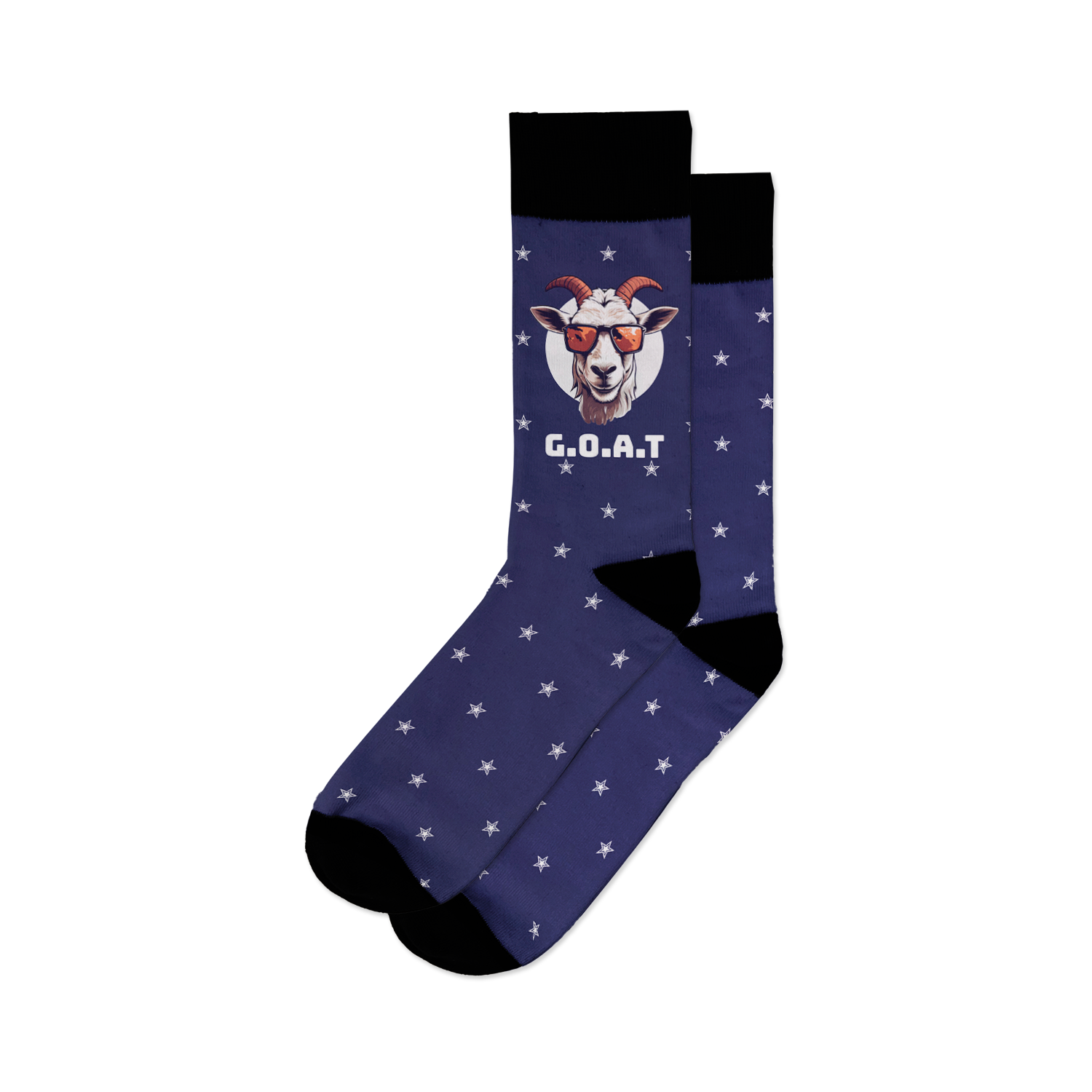 Pair of navy blue crew socks with white stars and a graphic of a goat wearing sunglasses. Text 'G.O.A.T.' is displayed below the goat.