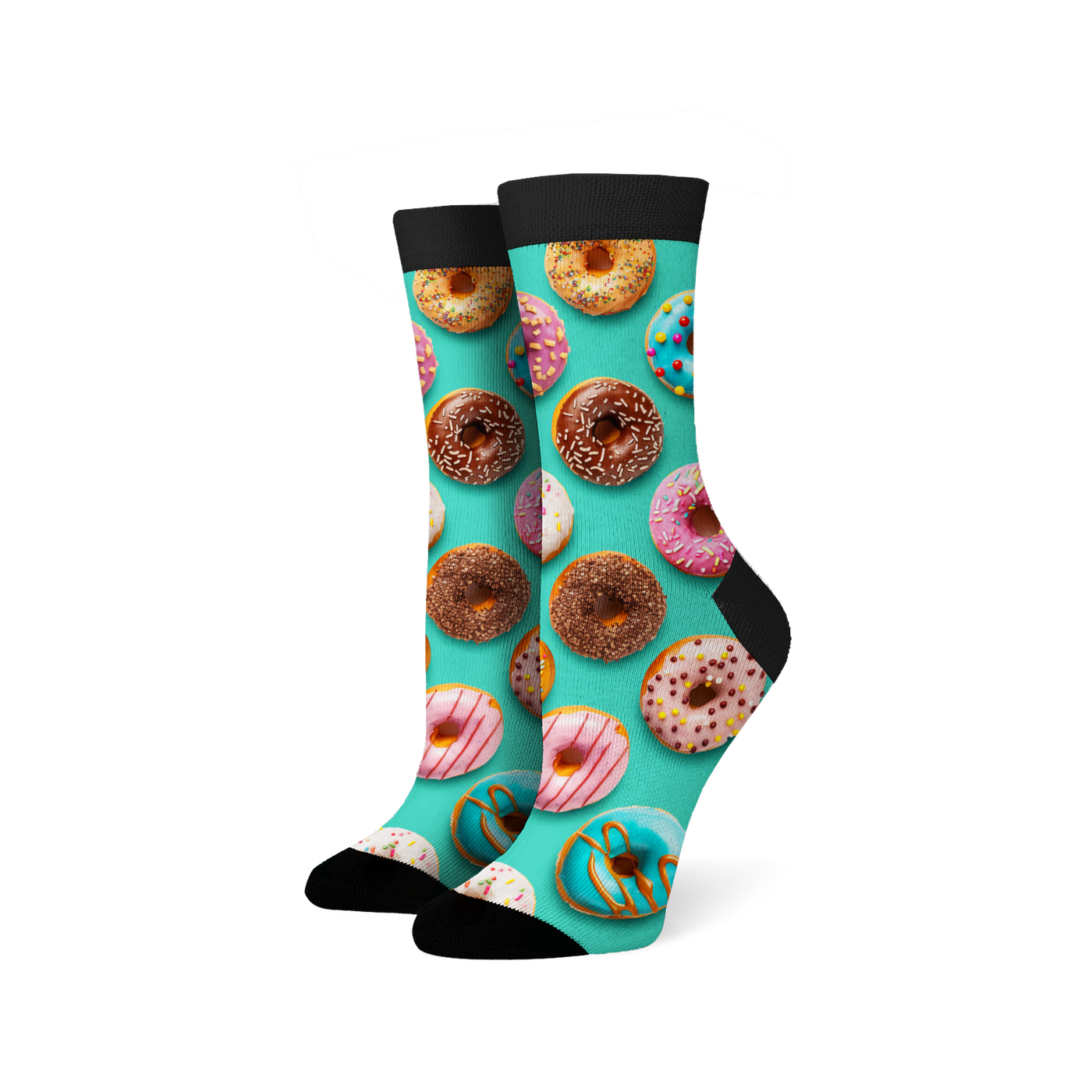 A pair of donut socks shown from the front, showcasing the full donut print.
