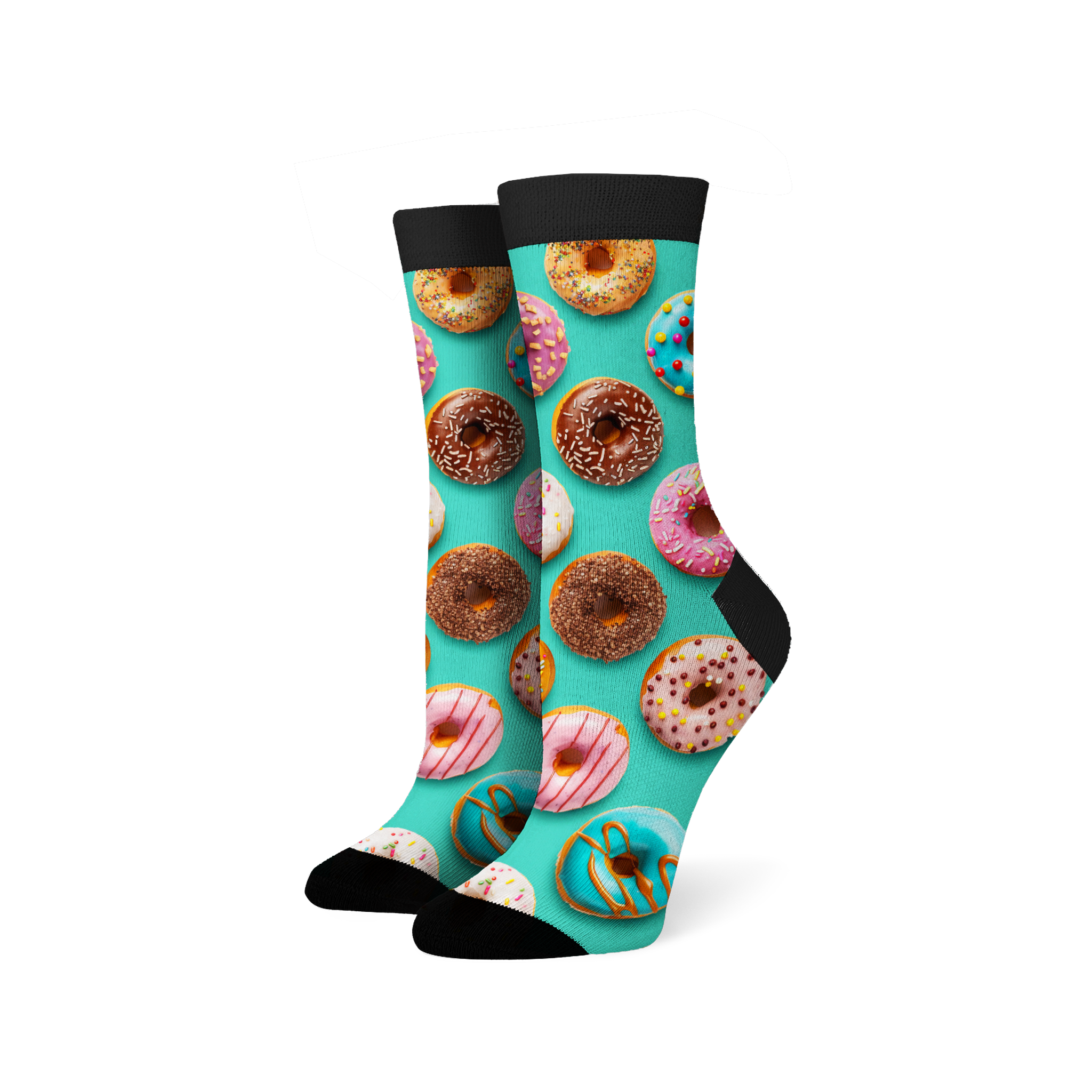 A pair of donut socks shown from the front, showcasing the full donut print.