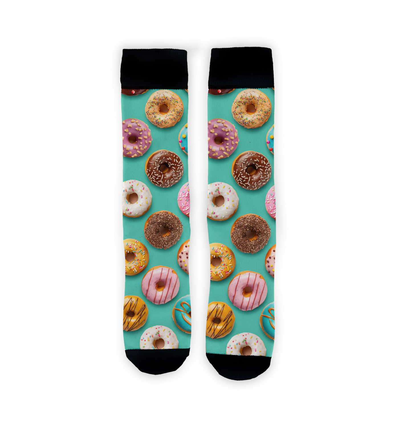 Close-up shot of the donut socks, highlighting the vibrant colors and details of the donut design.