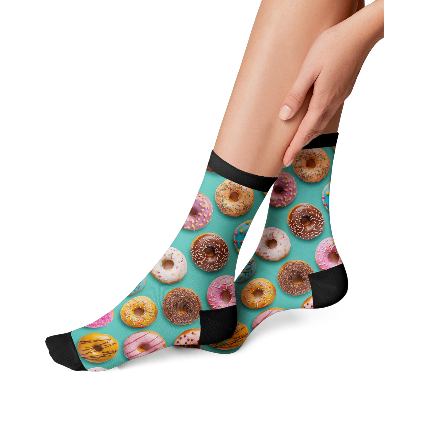 Lifestyle shot of a woman's legs wearing the donut socks, showing how they look when worn.