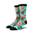 Crew socks with a teal background and colorful donut print.  Donuts in pink, blue, chocolate, and yellow are depicted.