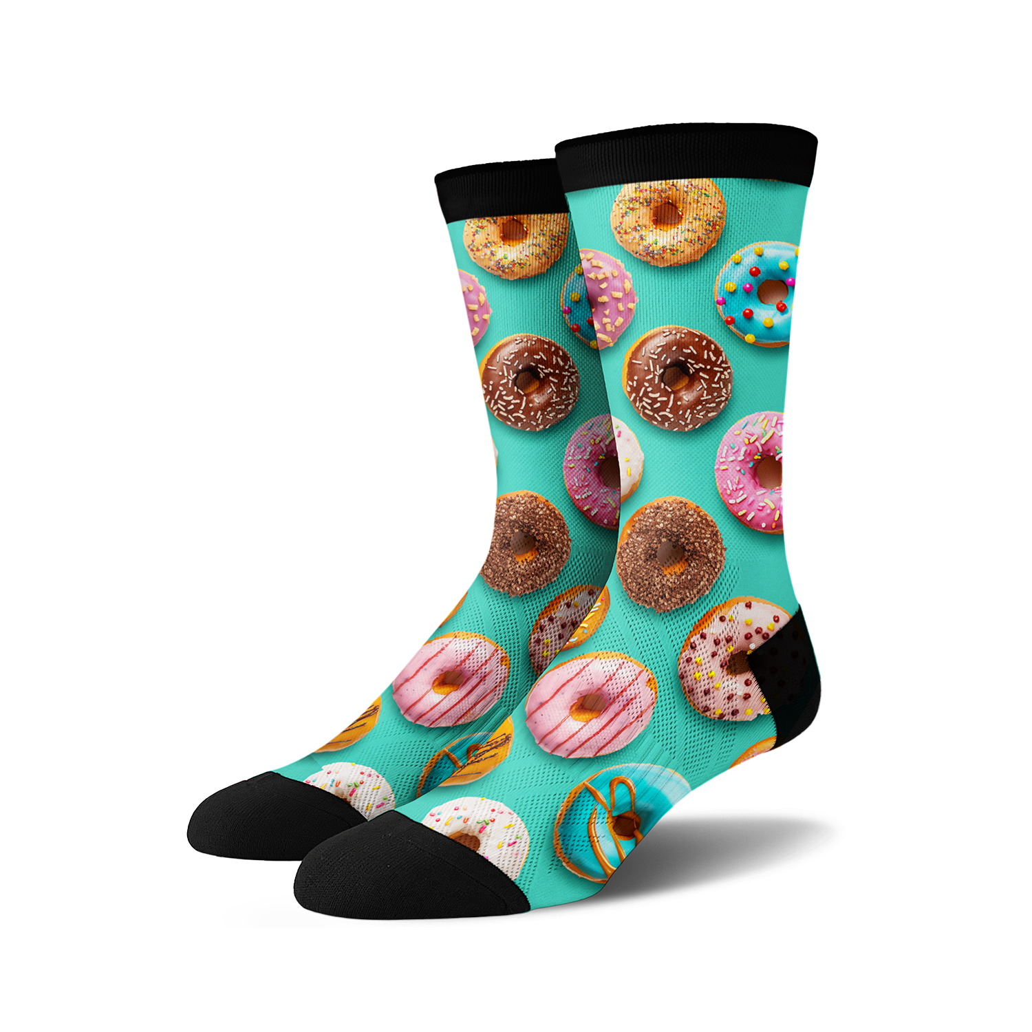 Crew socks with a teal background and colorful donut print.  Donuts in pink, blue, chocolate, and yellow are depicted.