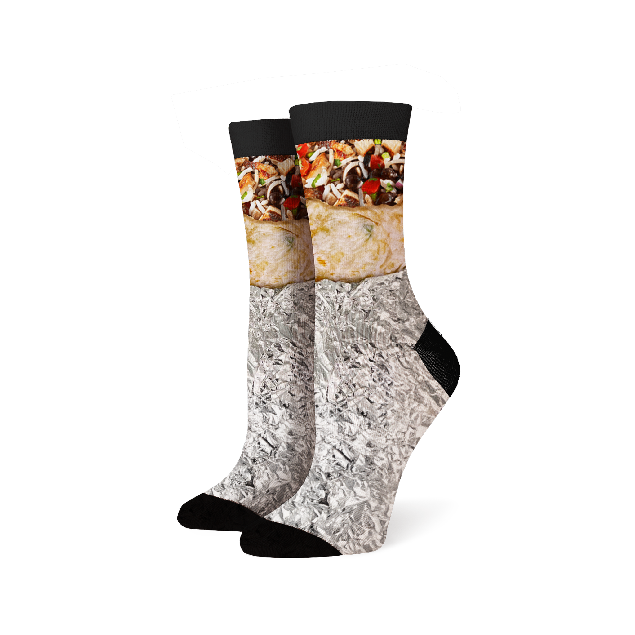 Close-up product shot of a pair of burrito socks.