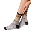 Lifestyle shot showing the burrito socks on a person's feet.