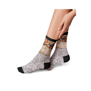 Lifestyle shot showing the burrito socks on a person's feet.