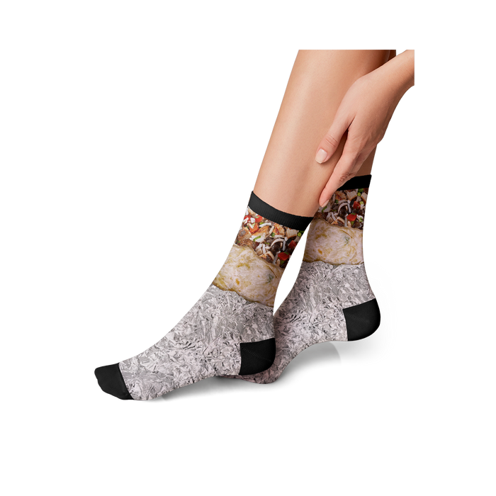 Lifestyle shot showing the burrito socks on a person's feet.