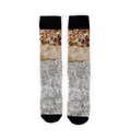 Flatlay image of a pair of burrito socks on a black background.