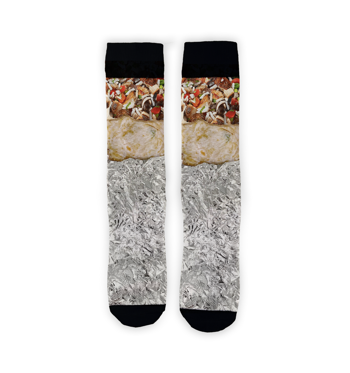 Flatlay image of a pair of burrito socks on a black background.