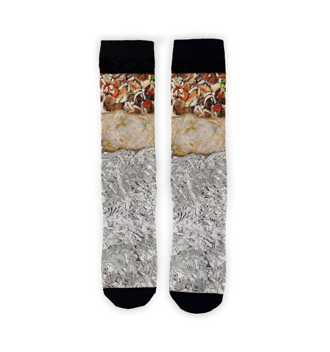 A pair of socks with a realistic burrito printed on the front half and a silver foil print on the back half.
