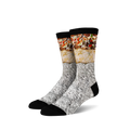 Pair of crew socks with a burrito design. The socks are mainly white, gray, and black, showing a detailed burrito image wrapped in foil.