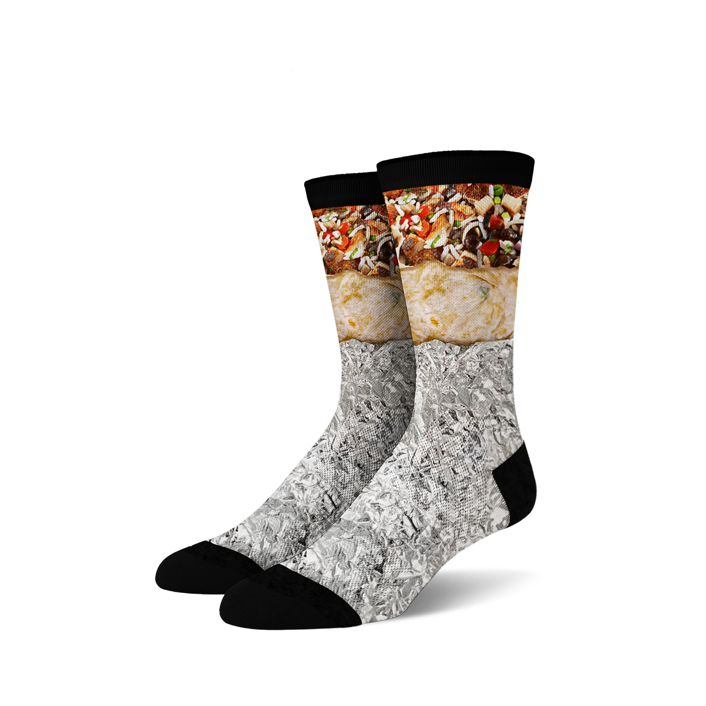 Pair of crew socks with a burrito design. The socks are mainly white, gray, and black, showing a detailed burrito image wrapped in foil.
